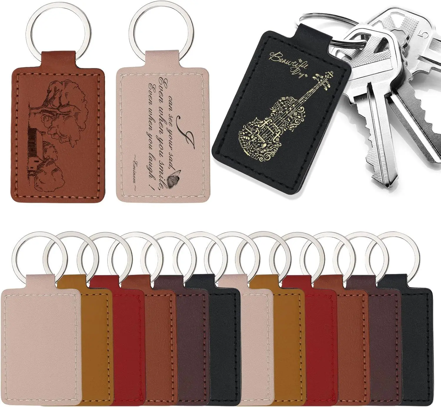 15 Keychains, a Set of Rectangular Leather Keychains in 6 Colors, Keychains Made with Laser Engraving And Stamping Techniques, Production of Leather Keychain Blankets