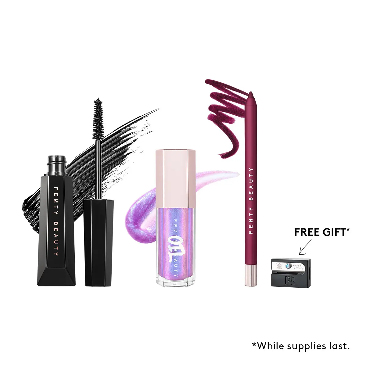 Fenty Beauty Lip ‘N Lash Trio—Million Dollar Creator Collective: Trace’d Out Pencil Lip Liner, Gloss Bomb Oil Luminizing Lip Oil ‘N Gloss + Hella Thicc Volumizing Mascara with Sharpener Gift