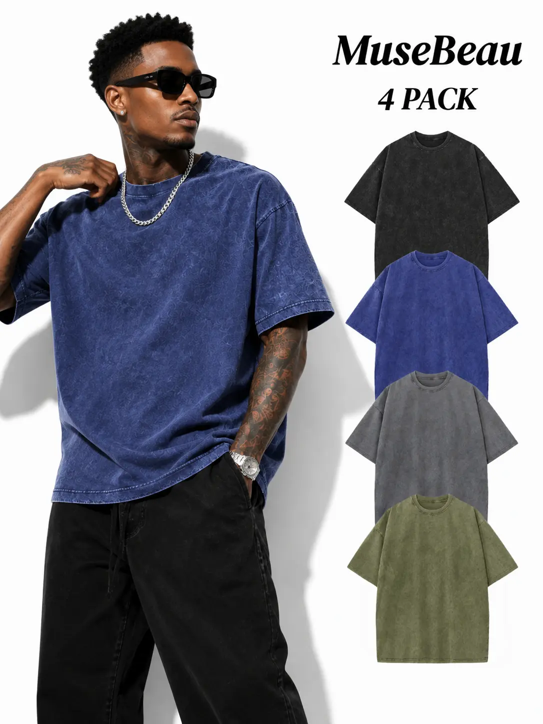 Men's 4-Pack Acid Wash Loose Fit 240g Heavyweight Vintage Cotton T-Shirts - Unisex Plain Shortsleeve Clothes, Soft Breathable Retro Streetwear Tops for Everyday Wear, Gym Workout