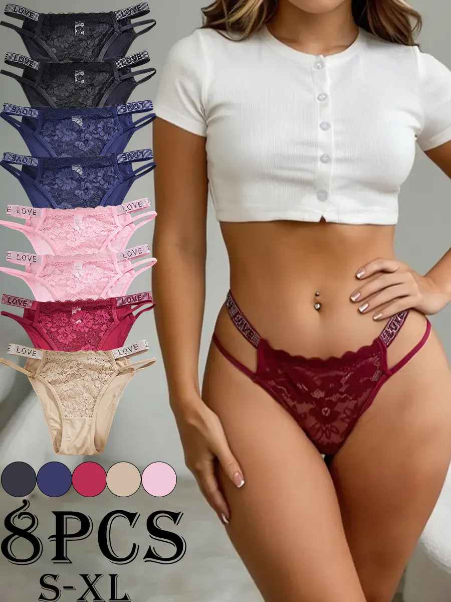 Women's 8-Pack Low-Rise Lace Triangle Panties - Minimalist Aesthetic Briefs with Rhinestone LOVE Strap, Heart Cutout, Breathable Stretch Fabric, No Crotch Digging, Photo Prop Womenswear