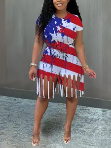 6665 Women’s Two-Piece Set: Short T-Shirt with American Independence Day Flag Print and Fringe Pants Womenswear Top