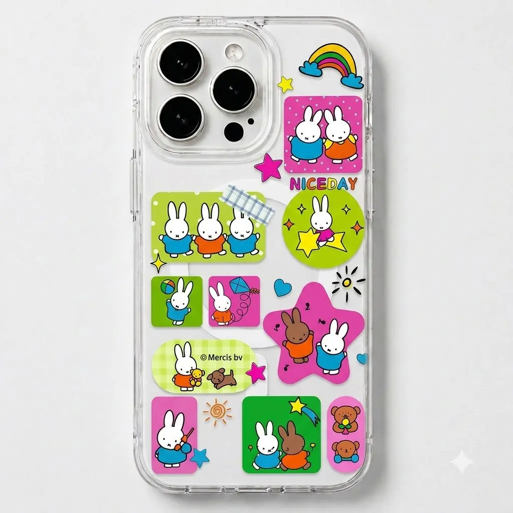 Cute Kawaii Miffy Retro Sticker Collage MagSafe Clear Phone Case,Cute Bunny Shockproof Protective Cover, Slim Wireless Magnetic Case for iPhone 17 16 15 14 13 12 11 Pro Max, Samsung S26 S25 S24 S23 S22 Ultra
