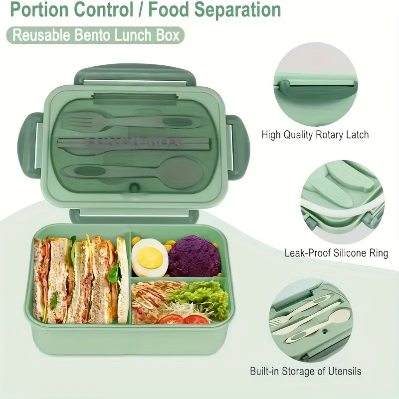 Leak-Proof Bento Lunch Box with Utensils - 3-Compartment Plastic Meal Prep Container, Microwave/Dishwasher Safe, Portable Student Work Lunch Box, Leakproof Lunchbox, Leakproof Food Containers