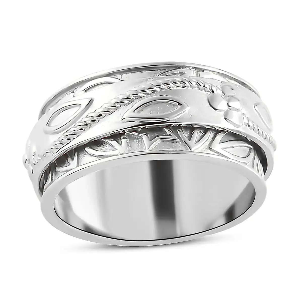 Floral Engraved Concave Spinner Ring in Sterling Silver 4.1 Grams