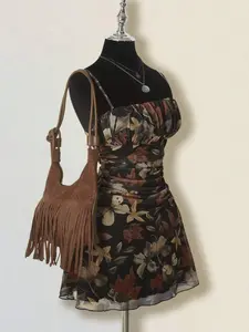 Women's Vintage Maple Leaf Print Pleated Mini Dress, Lace Strapless Dress, Fit, Casual Fashion, Perfect for Spring and Summer, Womenswear