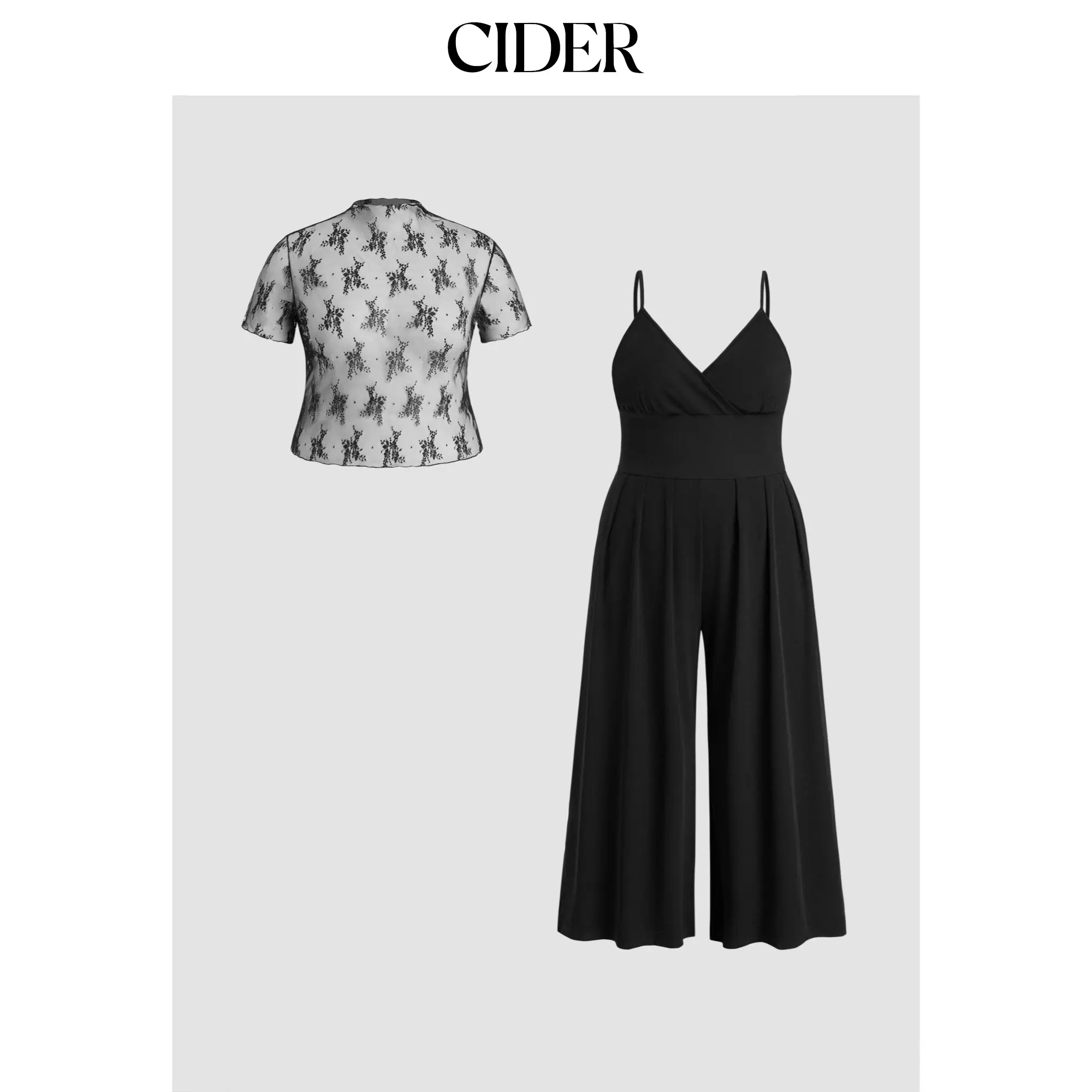 Cider Women's Elegant Lace-Trimmed Wide-Leg Jumpsuit - Deep V-Neck, Shirred Waist, Stretch Fabric - Ideal for Club Outfits, Evening Occasions, Jumpsuits For Women, Overalls, Lacy, Wide-Leg Pants, Party Wear, Night Out, Clothes, V-Shaped Neck