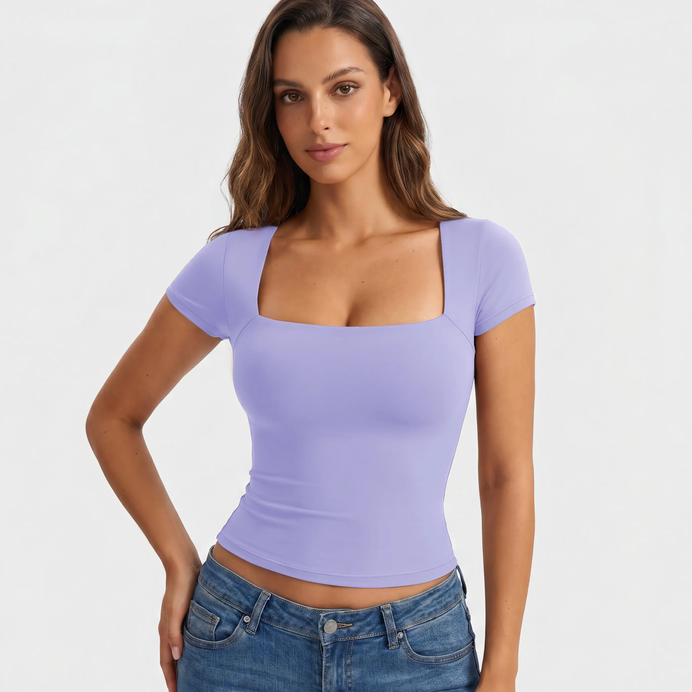 PUMIEY Square Neck Fitted T-Shirt, Snatched Double Layer Tee, Buttery Soft Stretch, Minimal Chic French-Inspired Basic summerwins