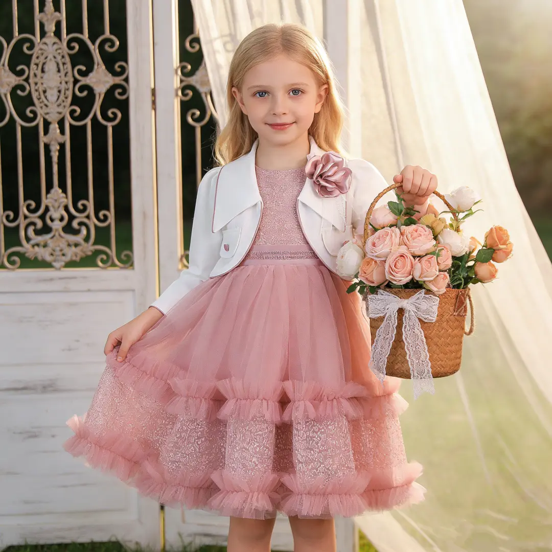 6126 (Dress + Coat) Red Sequin Formal Dress for Girls suitable for holidays piano recitals proms and anniversaries