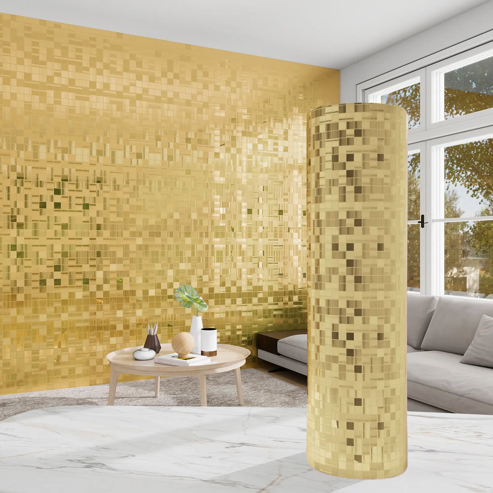 Embossed Metallic 3D Mosaic Wallpaper, Self-Adhesive Peel-and-Stick PVC Wall Tile, DIY Cuttable & Removable, Durable, Waterproof, Scratch-Resistant and Easy to Clean, Ideal for Bathrooms, Living Rooms, TV Walls, Sofa Walls and Kitchen Backsplashes.