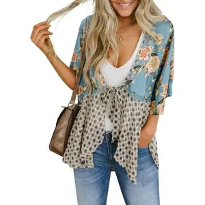Imily Bela Women Floral Kimono Cardigans 3/4 Ruffle Sleeve Lightweight Patchwork Flowy Boho Tie Loose Cover Ups(Sheet)