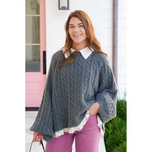 POL Acrylic Long Sleeve Collared Sweater with Crocheting