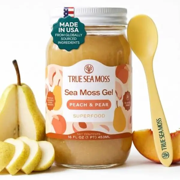 TrueSeaMoss Sea Moss Gel – Peach/Pear, Pack of 1 (Labels may Vary) | No Sugar, Vegan, GMP, Gluten-Free, Halal – Wildcrafted Seamoss with Fruits – Jams & Jellies – Vitamins & Minerals