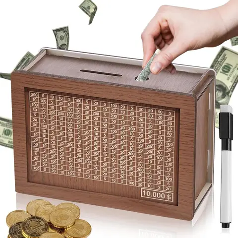 Wooden Coin Piggy Bank - Durable Cash Saving Box for Child & All Ages, Built-in Coin Counter, 10,000 USD Target, Numbered Tracker, Secure Lock, Patchwork Home Decor, Holiday Gift