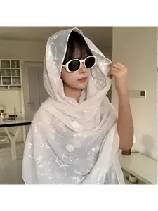 Thin ethnic-style linen sun protection summer shawl with hood, casual frog button beach scarf, travel silk scarf, wrap, and stole