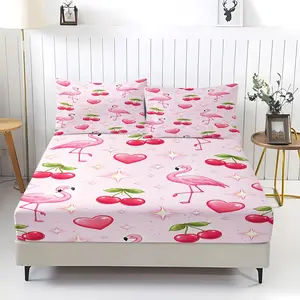 3Pcs Pink Flamingo and Cherry Print Fitted Sheet Set, Microfiber Bedding Set With Deep Binding, Suitable for Year-Round Bedroom Decor, Perfect for Girls' Bedrooms, Dormitories, Guest Rooms and Rvs (Pillow Inserts Not Included).