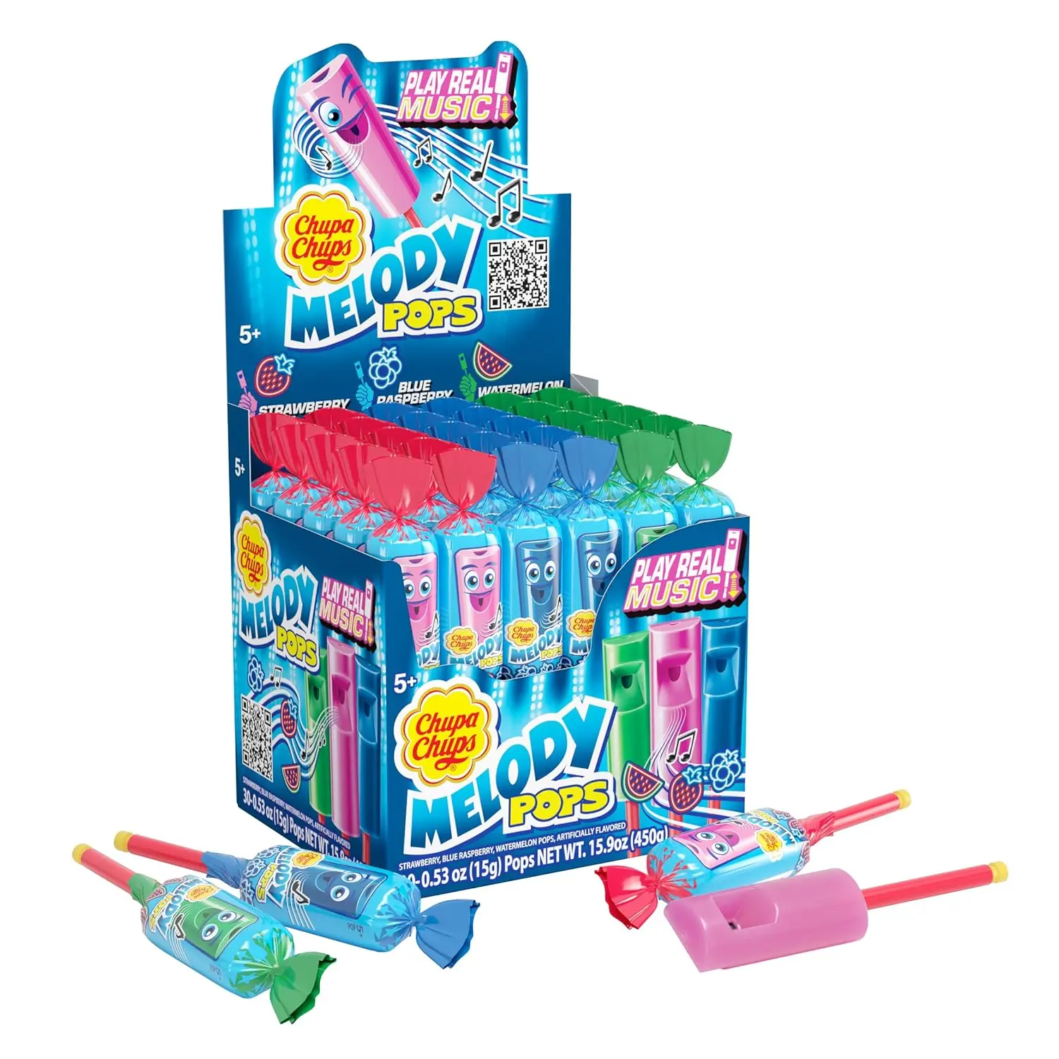 Chupa Chups Melody Pop, Halloween Trick or Treat Candy Variety, Assorted Flavors, Whistle Lollipops, Individually Wrapped Candy, 30 Count Showbox Case