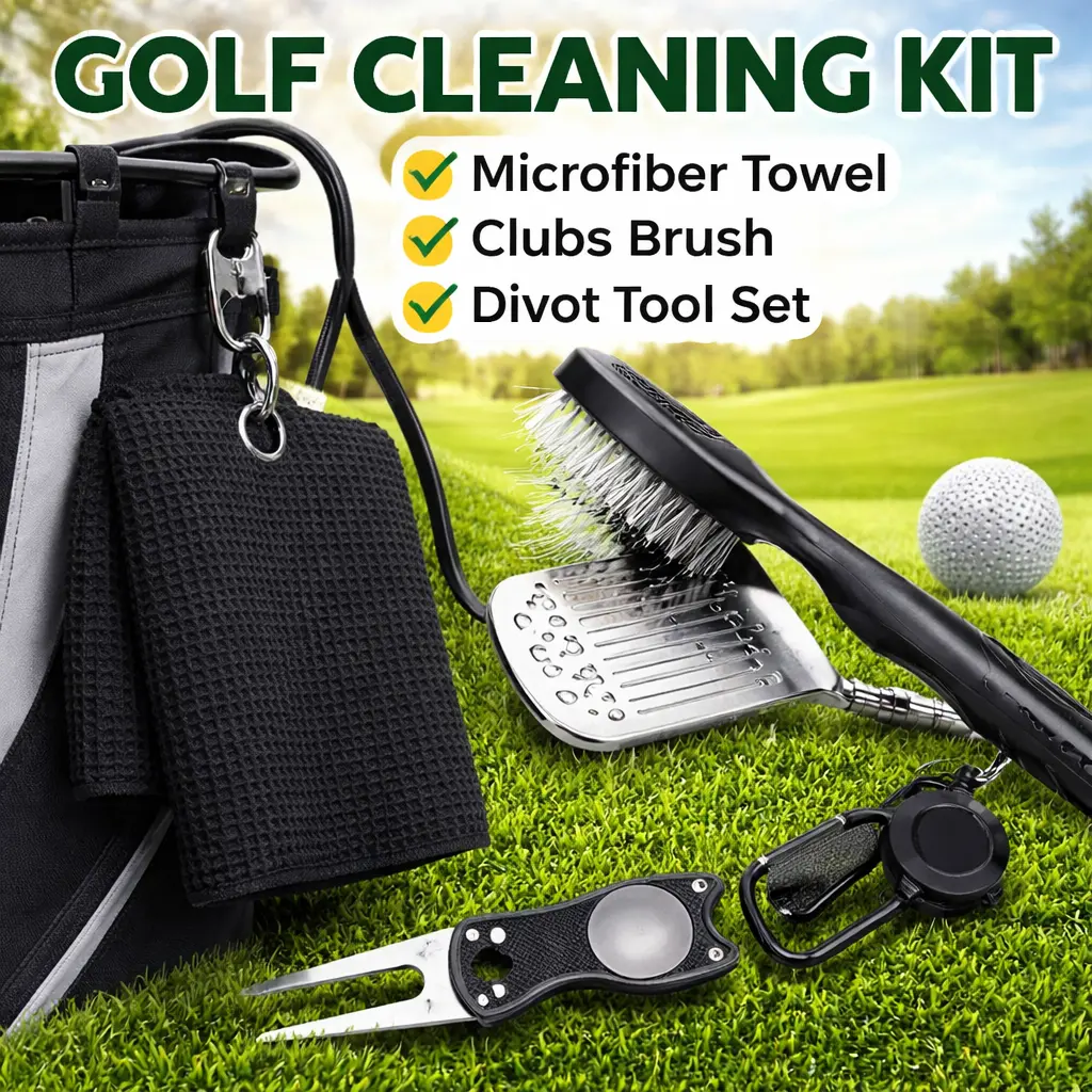 Waffle Microfiber Golf Towel Set with Club Brush & Divot Tool – 2-Pack Highly Absorbent Golf Towels, Dual-Bristle Groove Cleaner, and Foldable Divot Repair Tool with Magnetic Ball Marker for Golf Bag Accessories, Men & Women