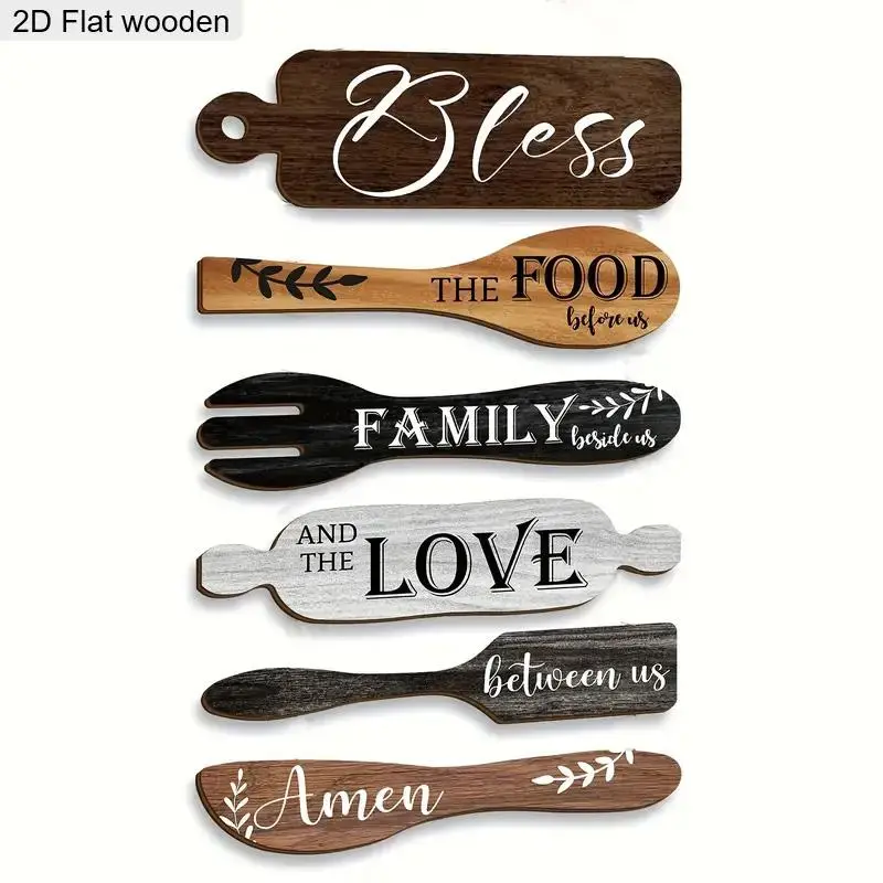 Wooden Kitchen Themed Wall Hanging Sign, 6 Counts/set Bless The Food Family Pattern Decorative Wall Decor, Wall Hanging Decor for Home Kitchen Dining Room, Decorative Wall Art