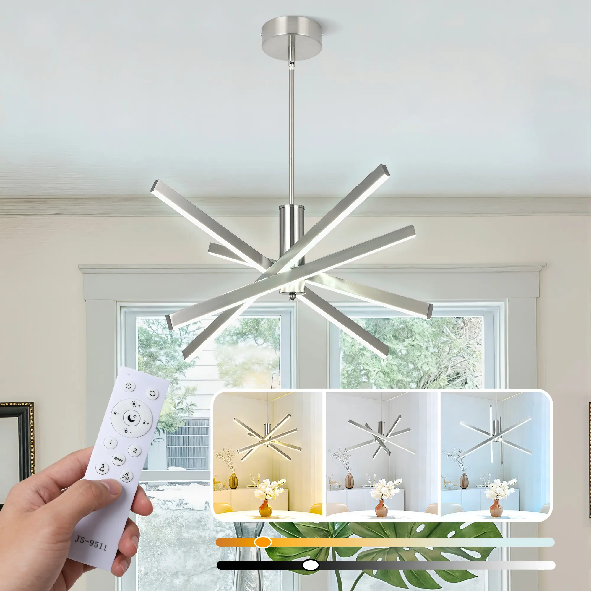 Modern Sputnik LED Chandelier - 3000K-6000K Dimmable Pendant Light with Remote Control, Black/Gold/Nickel Options, Ceiling Hanging Fixture for Dining Room, Living Room