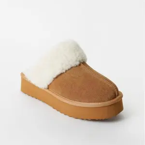 JUST FAB Women's Soft Faux Fur-Lined Suede Platform Slide Slippers, Suede Upper, EVA Sole for Indoor & Outdoor Comfort