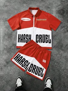 Men's Letter Print Short Sleeve Tee & Shorts, Menswear, Loose Casual Comfy Round Neck T-Shirt & Shorts Set, Men's Sleepwear for Summer, Athletic