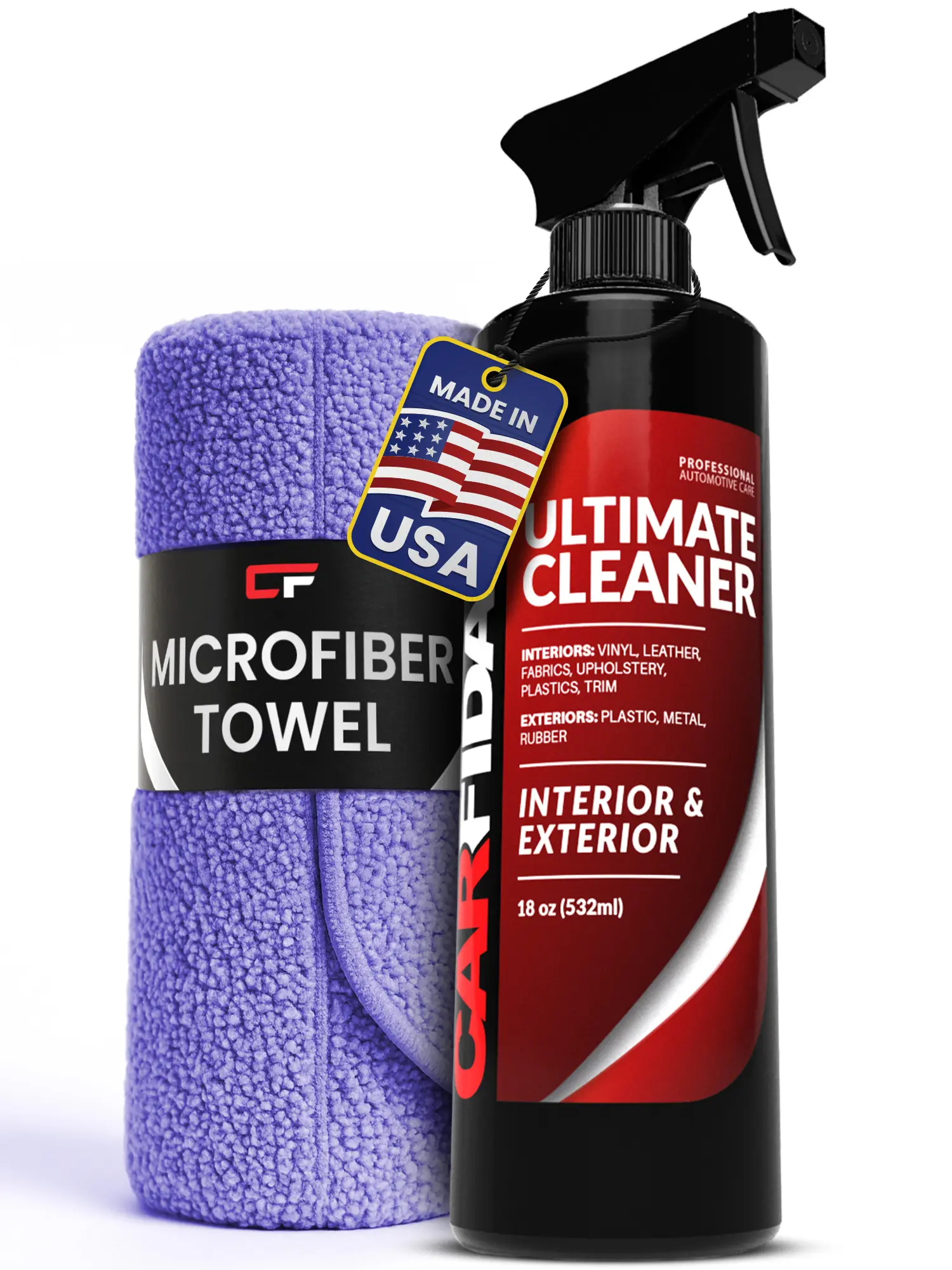 Carfidant Car Interior Cleaner – Stain Remover & Odor Eliminator – No Residue Finish – Safe on Leather, Fabric, Carpet & Plastic – Detailing Spray with Microfiber Towel – 18oz