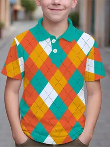 Colorblock Checkered Polo Shirt, Vintage Grid Design, Boys' Spring Casual Wear, Slim-Fitting All Seasons Top