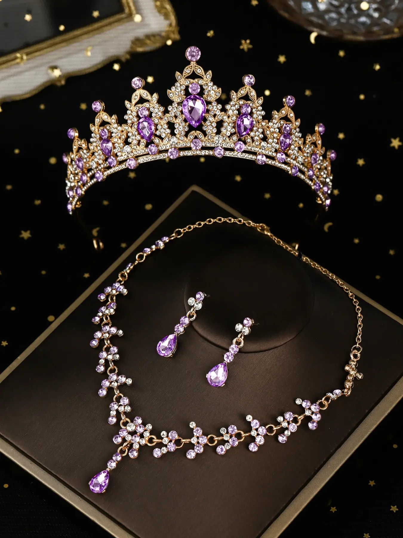 A set of bridal accessories, including a purple crown, a simple necklace, and earrings, suitable for weddings, parties, Teardrop Jewelry Set, Elegant Jewelry Set, Necklaces Earrings Set, Wedding Sets