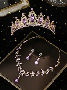 A set of bridal accessories, including a purple crown, a simple necklace, and earrings, suitable for weddings, parties, Teardrop Jewelry Set, Elegant Jewelry Set