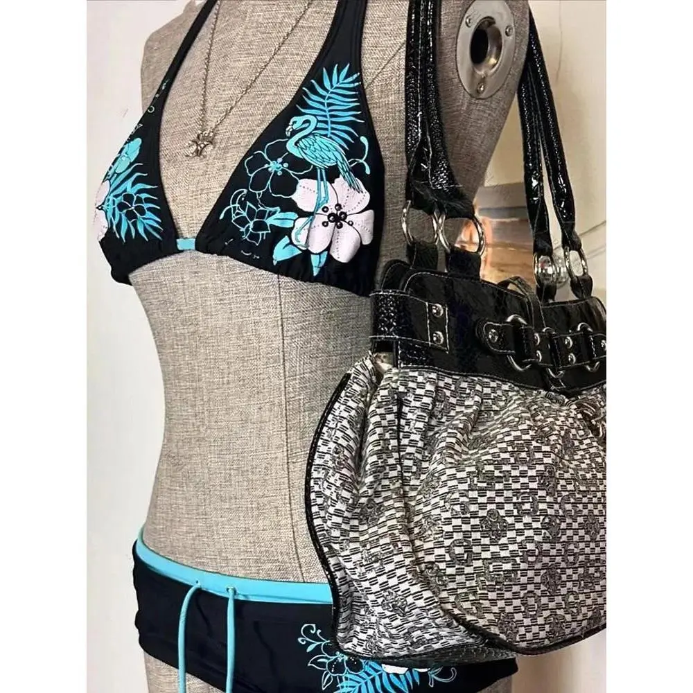 Vintage Flower Print Cutie Set Bikini 2000s Swimsuit Sexy Women Bathing Fashion Halter Strap Swimwear High Street Beach Female