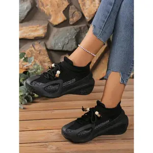 Women's Breathable Mesh Sock Shoes, Casual All-Season Running Sneakers, One-Piece Slip-On Design, Comfortable Textile Upper Material, Knit Running Shoes