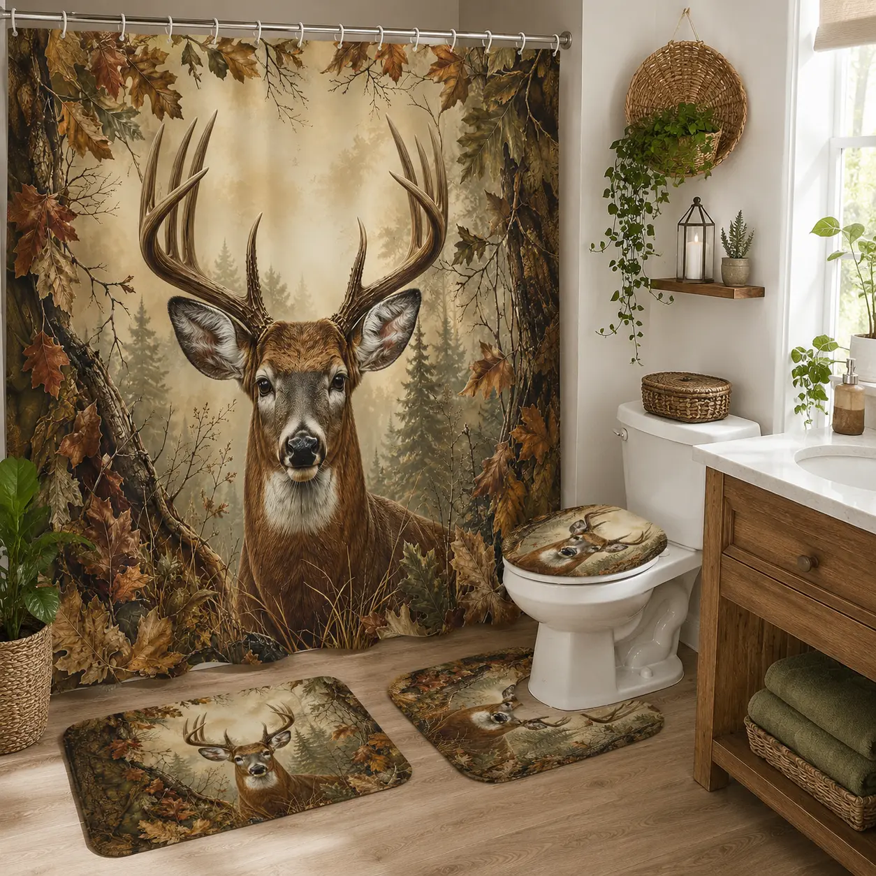 1/4pcs Deer Theme Bathroom Set - Large Detailed Deer Antler Shower Curtain, Matching Bath Mats & Toilet Seat Cover with Brown Leaves Twigs Forest Background, Rustic Outdoor Hunting Decor for Cabin Lodge, Ideal for Autumn Hunting Season, Thanksgivin