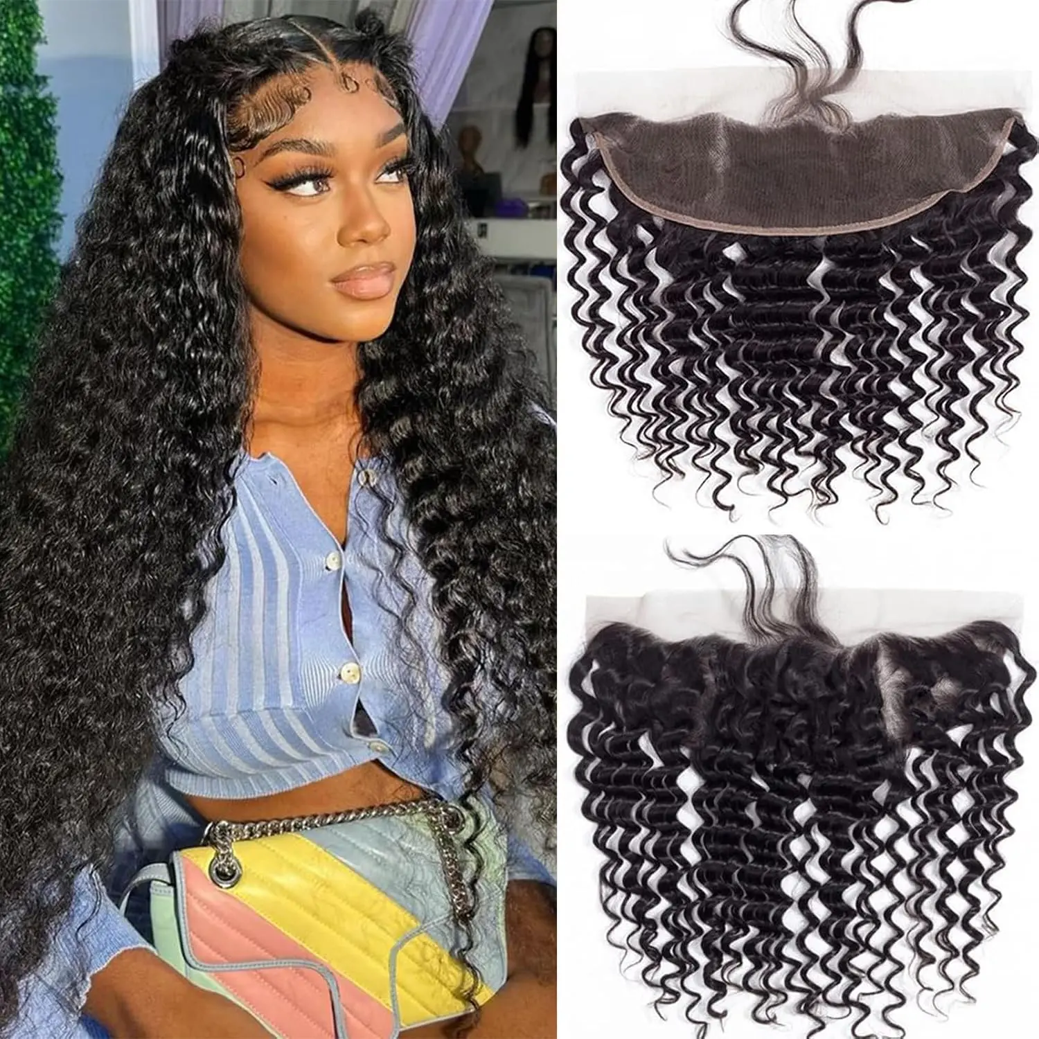 Lace Frontal Closure Deep Wave 13x4 Ear to Ear Frontal HD Transparent Lace Brazilian Curly Virgin Human Hair Extensions Pre Plucked with Baby Hair 150% Density Natural Black