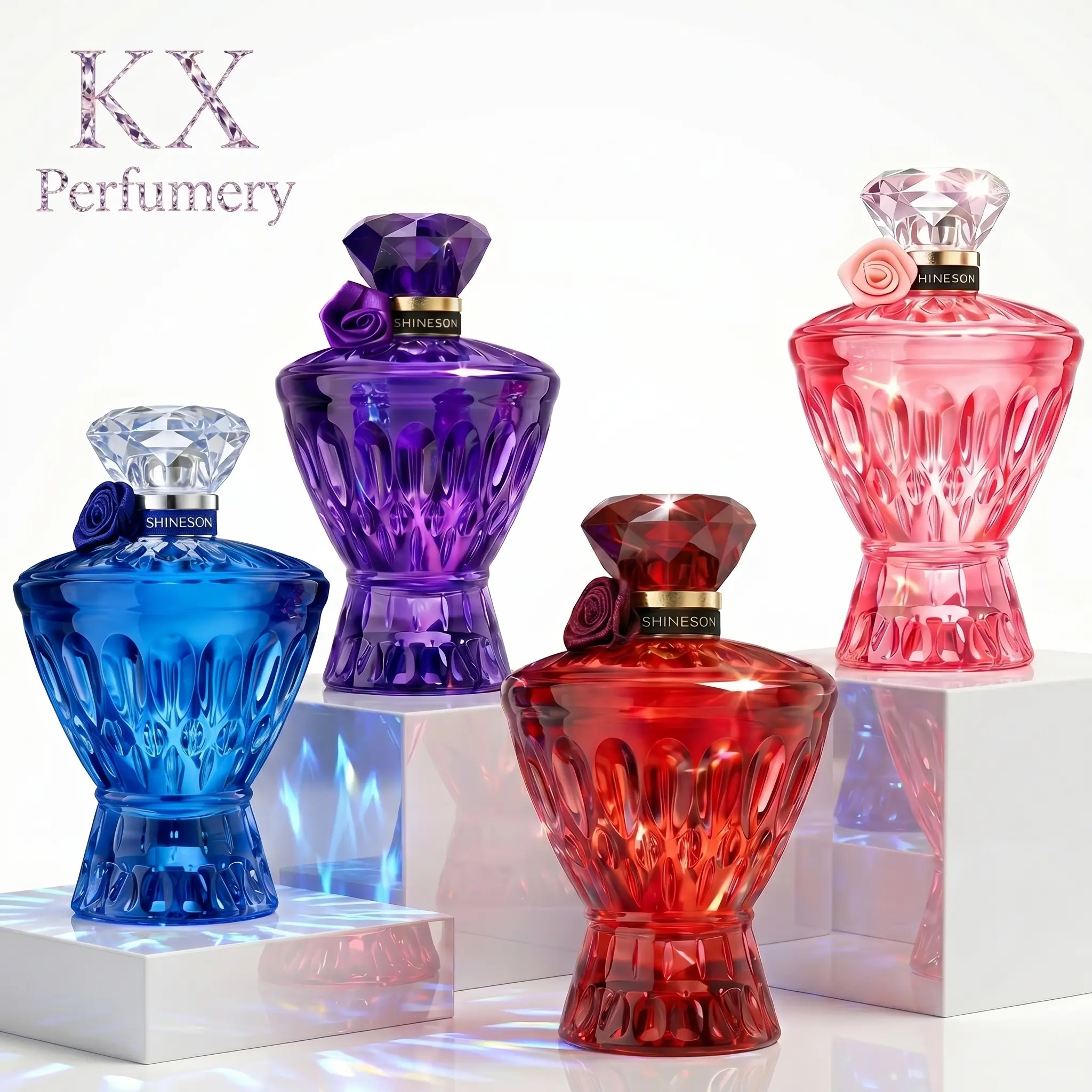 Luxury Gemstone Perfume Set for Him & Her, 4-Piece Crystal Eau de Parfum Bundle, Ruby Red, Twilight Amethyst, Pink Crystal & Sapphire Blue Bottles, Long-Lasting Gift Set