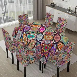 5/7-piece 2D Flat Printing Colorful Mandala Geometric Pattern Printing Pattern Tablecloth and Chair Cover Set, for dining table and chair decoration, perfect for home, holiday gatherings, restaurants, and parties.