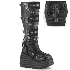 Demonia Morte-215 Women's Wedge Platform Knee High Boot with D-Ring Lacing and Spider Web Buckle Straps