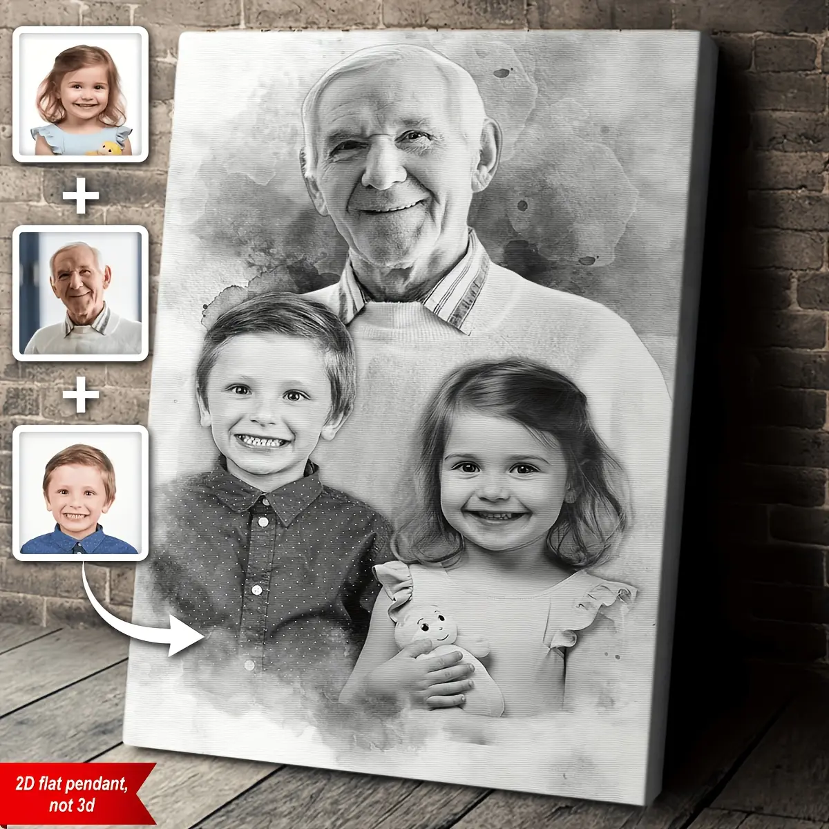Custom Watercolor Framed Canvas from Photo, Add Deceased Loved One to Photo, Add Person to Photo, Family Portrait Different Photos, Combine Photos Black and White Framed Canvas, Memorial Gift, Christmas Gift for Family Memb, Father's Day, Independence Day