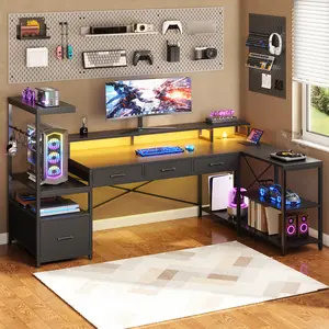 SEDETA 59Inch L Shaped Gaming Desk with PC Display Stand, Reversible Computer Desk with Storage Shelves, 4 Drawer & LED Lights, Modern Gamer Desk Table with Power Outlet, Monitor Stand