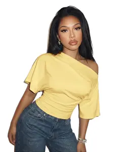 Elegant One Shoulder Asymmetrical Neck T-Shirt| Comfortable Elegant Flattering Pleated Waist Tee| Perfect Comfortable Streetwear for Modern Women|  Date Night, Birthday & Beach Party