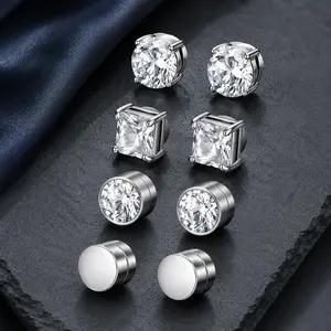 4 Pairs Magnetic Stud Earrings for Men Women, Non Piercing Cubic Zirconia Faux Diamond Earrings, Stainless Steel Fake Cartilage Earring Nose Ring Set, Hypoallergenic Silver Jewelry for Sensitive Ears