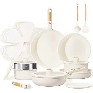 Carote 21 Pieces Pots and Pans Set with Detachable Handle, Ceramic Non Stick Non Toxic Kitchen Cookware Set with Induction, Oven/Dishwasher Safe, Granite White