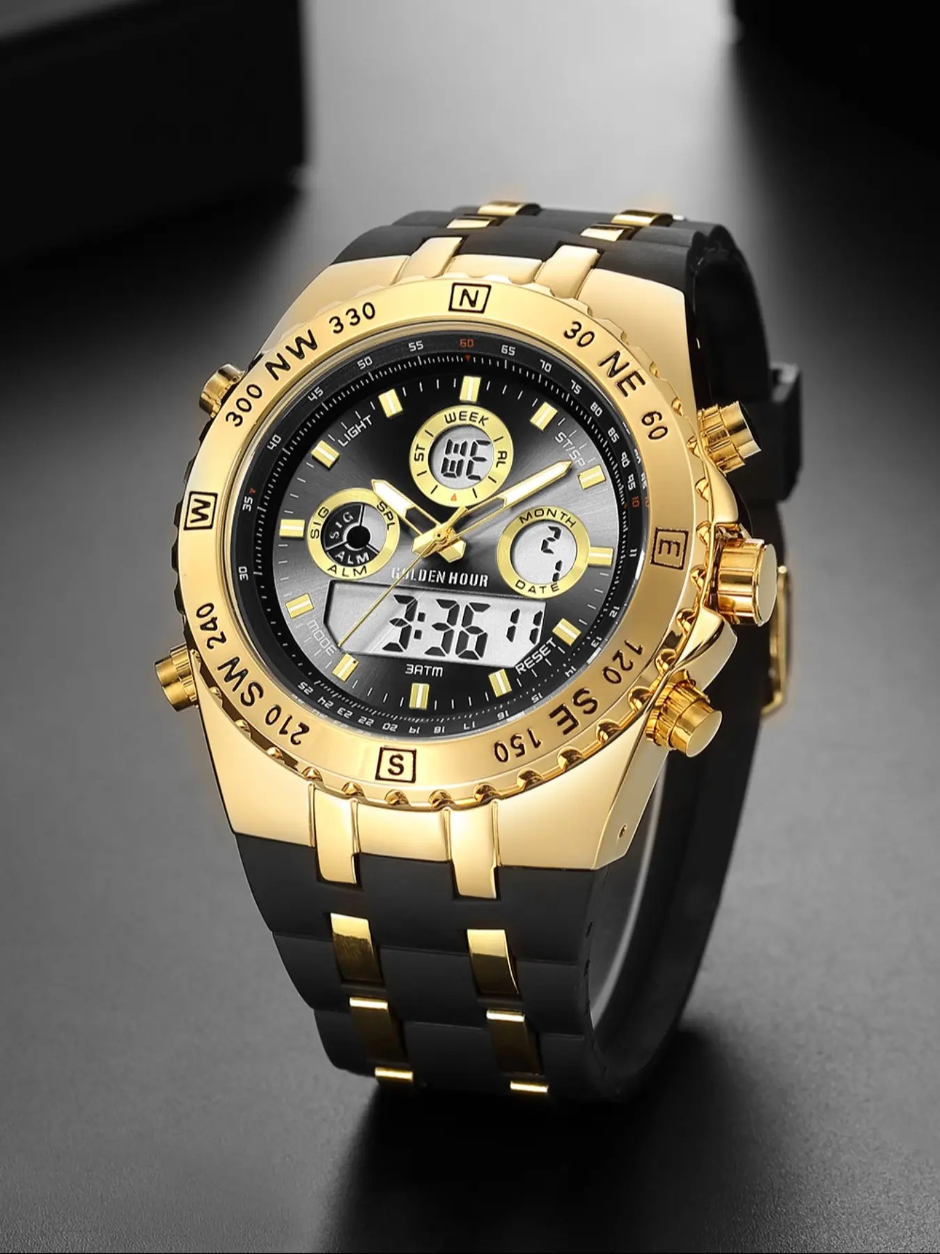 Golden Hour Luxury Military Sports Men's Watch, Large Dial, 3atm Waterproof, Digital Analog, Rubber Strap, Perfect Gift, Waterproof Sport Watches