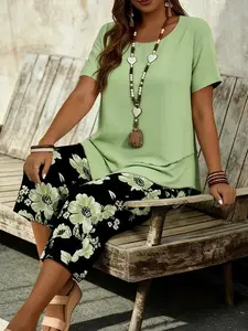 Women's Summer Casual Set, Asymmetrical Hem Design & Floral Print Seven-Quarter Pants, Trendy Daily Wear