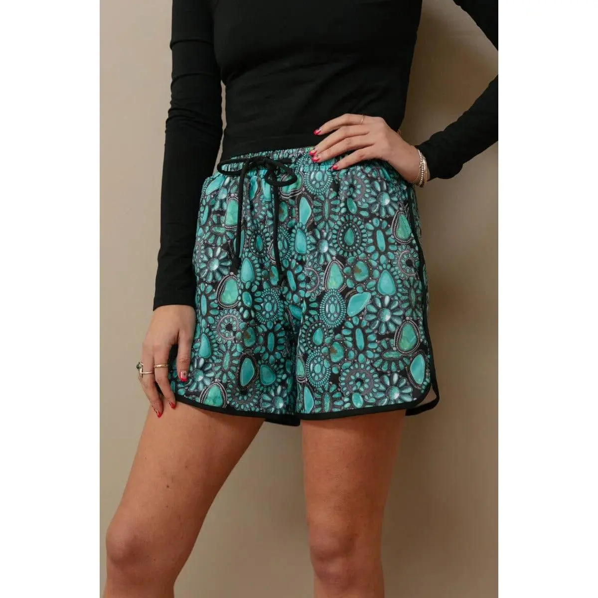Women's Bohemian Turquoise Charm Long Shorts - Comfortable Multicolor Spandex-Polyester Beach Bottoms with Relaxed Vibe, Casual Fit