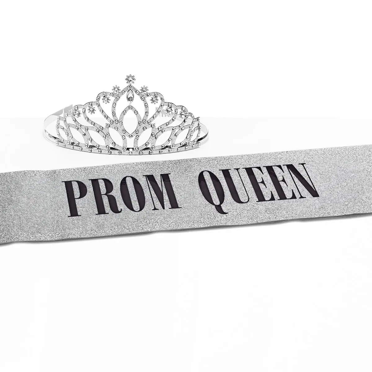 Prom Queen Accessories Kit Crowns & Tiaras, 2-Piece Coordinated Ensemble with Rhinestone Taylor Tiara & Silver Glitter Sash with Black Letters, Cherished Memento, Glamorous, Bold, Coronation, Elegant, Molded Combs
