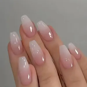 24 Uñas Postizas Degradadas Francesas Estilo Bailarina, Resistentes al Agua, Forma Ataúd Mediano, Uñas Falsas, Puntas de Uñas a Presión