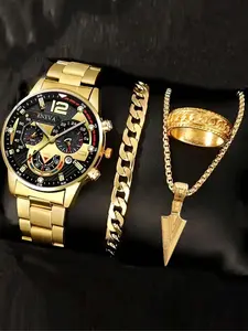 Men's Watch & Jewelry Set, Including Round Dial Watch & Chain Bracelet & Pendant Necklace & Ring, Fashion Watch Set for Party, Daily Decor, Trendy All-match & Exquisite Watch Set for Gift