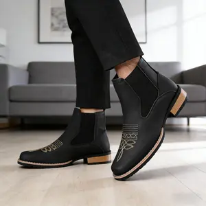 Men's Embroidered Split-Toe PU Leather Walking Boot - Round Toe, European-American Style, Comfortable Black Casual Sports Walking Shoes, Shoe
