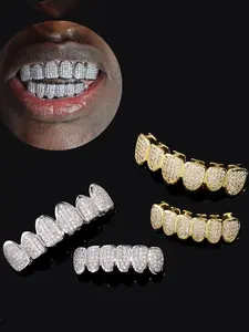 Full-Cover Imitation Diamond Frame Grills Teeth Grillz, Upper & Lower Hip-Hop Style, Trendy Fashion for Men and Women, Perfect Holiday Gift