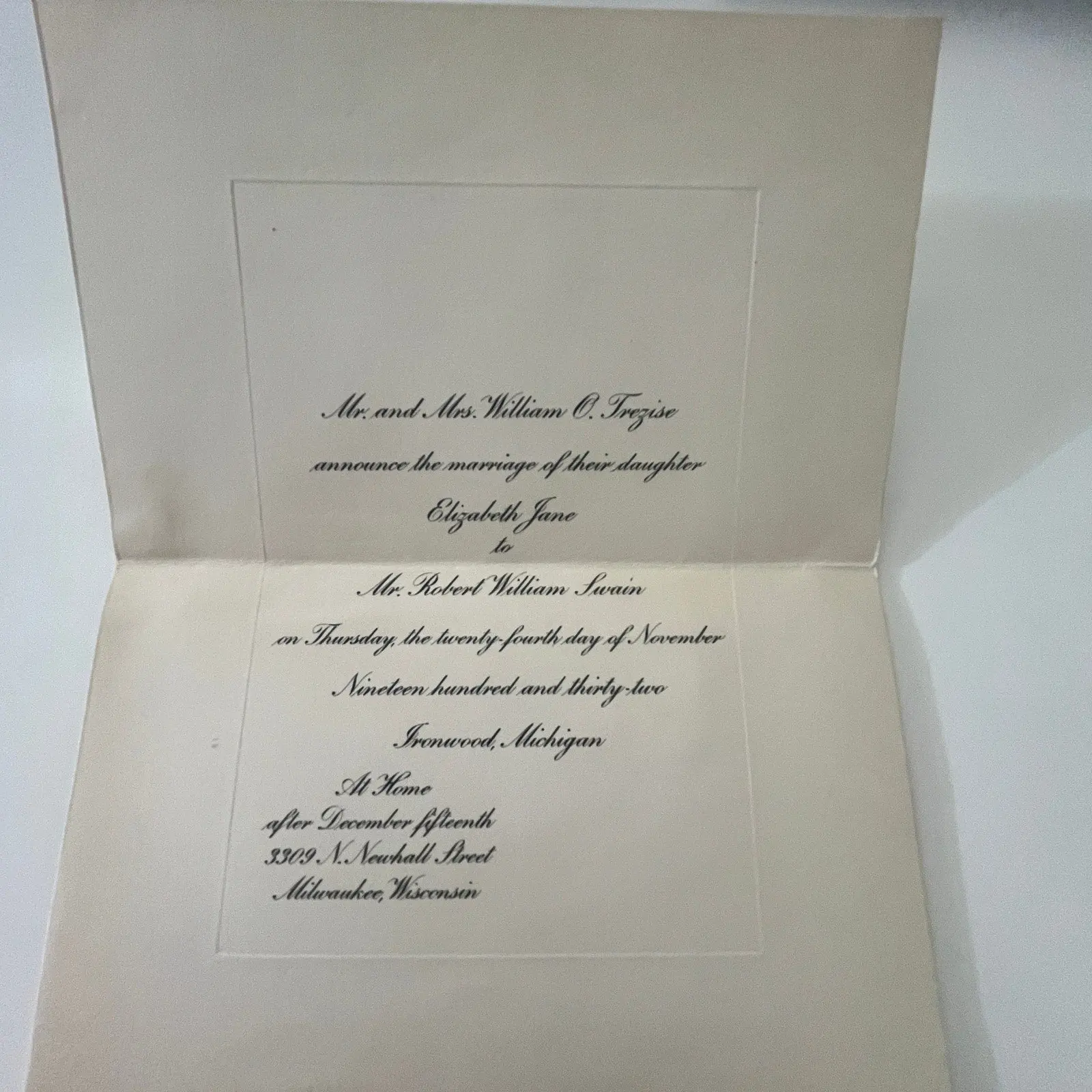 Elizabeth Jane & Robert W. Swain Wedding Invitation 1932 Ironwood MI AI9-M28